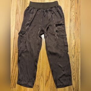 Pistola Chocolate Brown Satin  Relaxed Cropped Cargo Joggers sz M Anthropologie